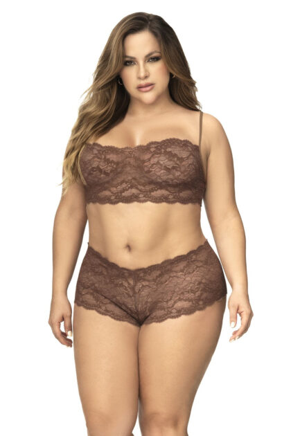 Ensemble 2 pièces en dentelle grande taille, top à bretelles et shorty couleur cacao