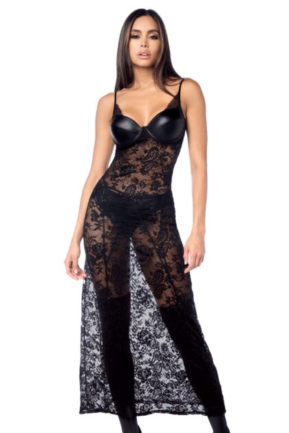 Robe longue sexy en dentelle  cuir avec string et porte-jarretelles