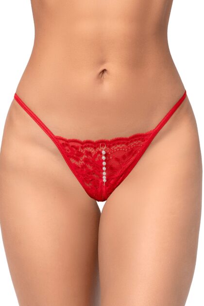 String ouvert rouge en dentelle avec perle suspendue