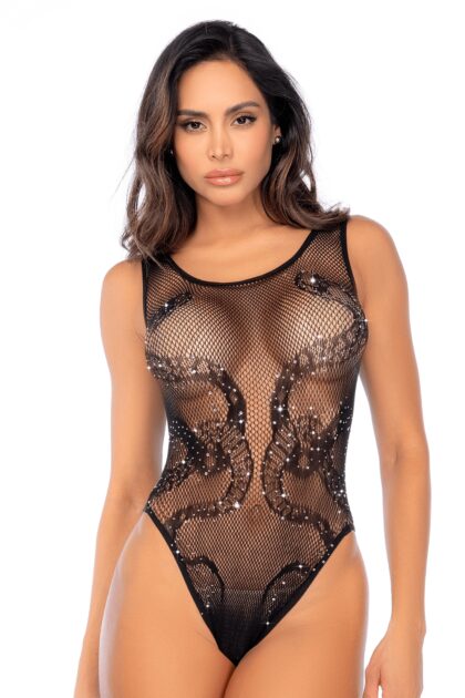 Body noir en résille motif serpent, orné de strass, ouvert à l?entrejambe - Mapalé