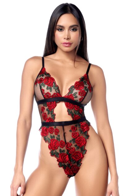 Teddy taille haute en résille noire brodée de roses avec ceinture
