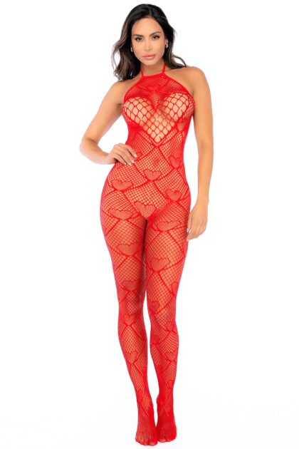 Bodystocking en résille rouge à motif c?ur, orné de strass, ouvert à l?entrejambe - Mapalé