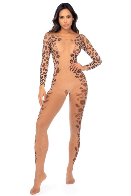 Combinaison en résille léopard à manches longues imprimées, ouverte à l?entrejambe - Mapalé