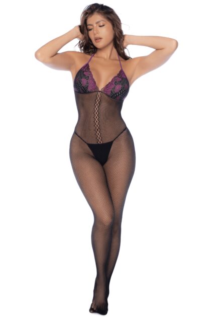 Combinaison en résille et dentelle noire et violette