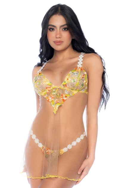 Nuisette transparente brodée jaune et string