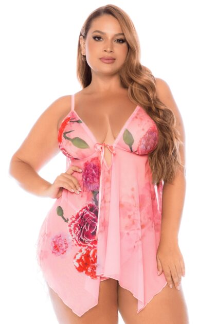 Nuisette grande taille résille rose imprimé floral et string