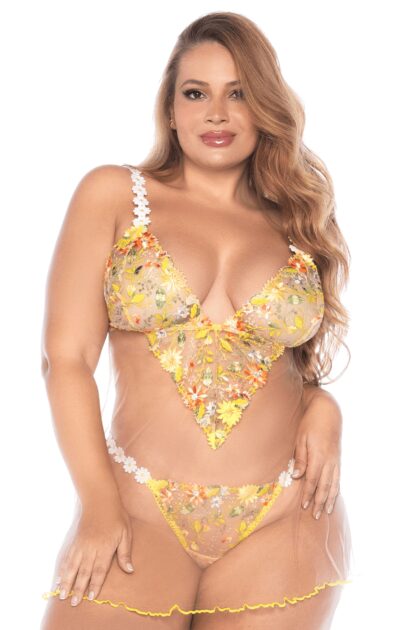 Nuisette grande taille transparente brodée jaune et string