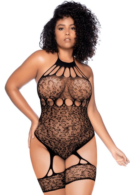Body grande taille en résille léopard noir à tour de cou et jarretières intégrées - Mapalé