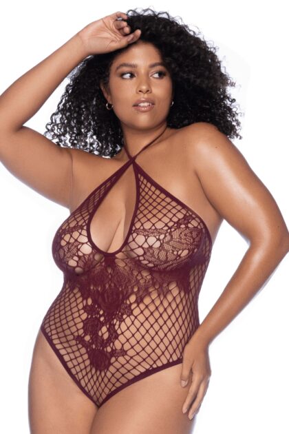 Body string grande taille en résille couleur cerise