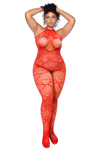 Bodystocking grande taille en résille rouge à motif c?ur, orné de strass, ouvert à l?entrejambe - Mapalé