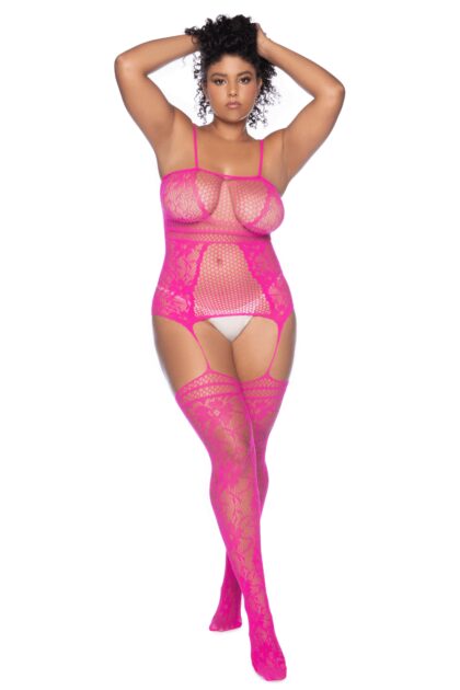 Combinaison grande taille en résille rose