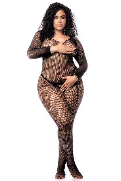 Combinaison grande taille manches longues en résille noire