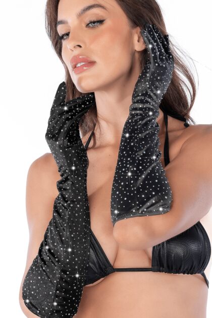 Une paire de gants satinés noirs avec strass - Mapalé